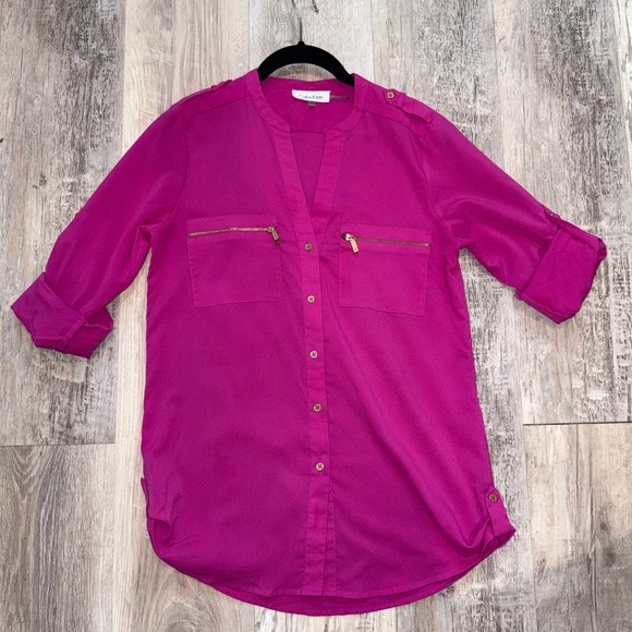 Calvin Klein Tops - Calvin Klein Blouse Top Womens XS Fuchsia/Hot Pink Zipper-Pocket Roll Tab Sleeve
